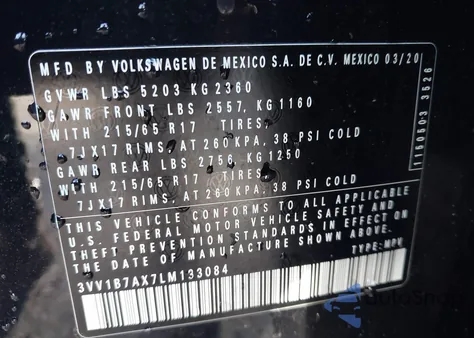 2020 Volkswagen Tiguan 2.0T S z USA, uszkodzony, nr VIN 3VV1B7AX7LM133084